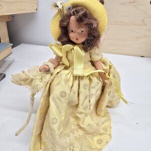 Vintage Nancy Ann Storybook Doll April Yellow Dress Frozen Legs & Metal Stand
